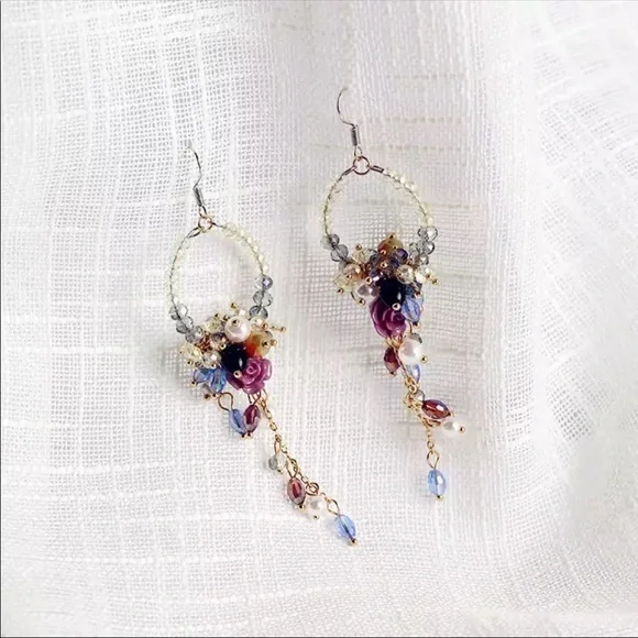 Handmade Bohemian Floral Wedding Earrings - Beaded Chandelier Dangles - Picture 12 of 15